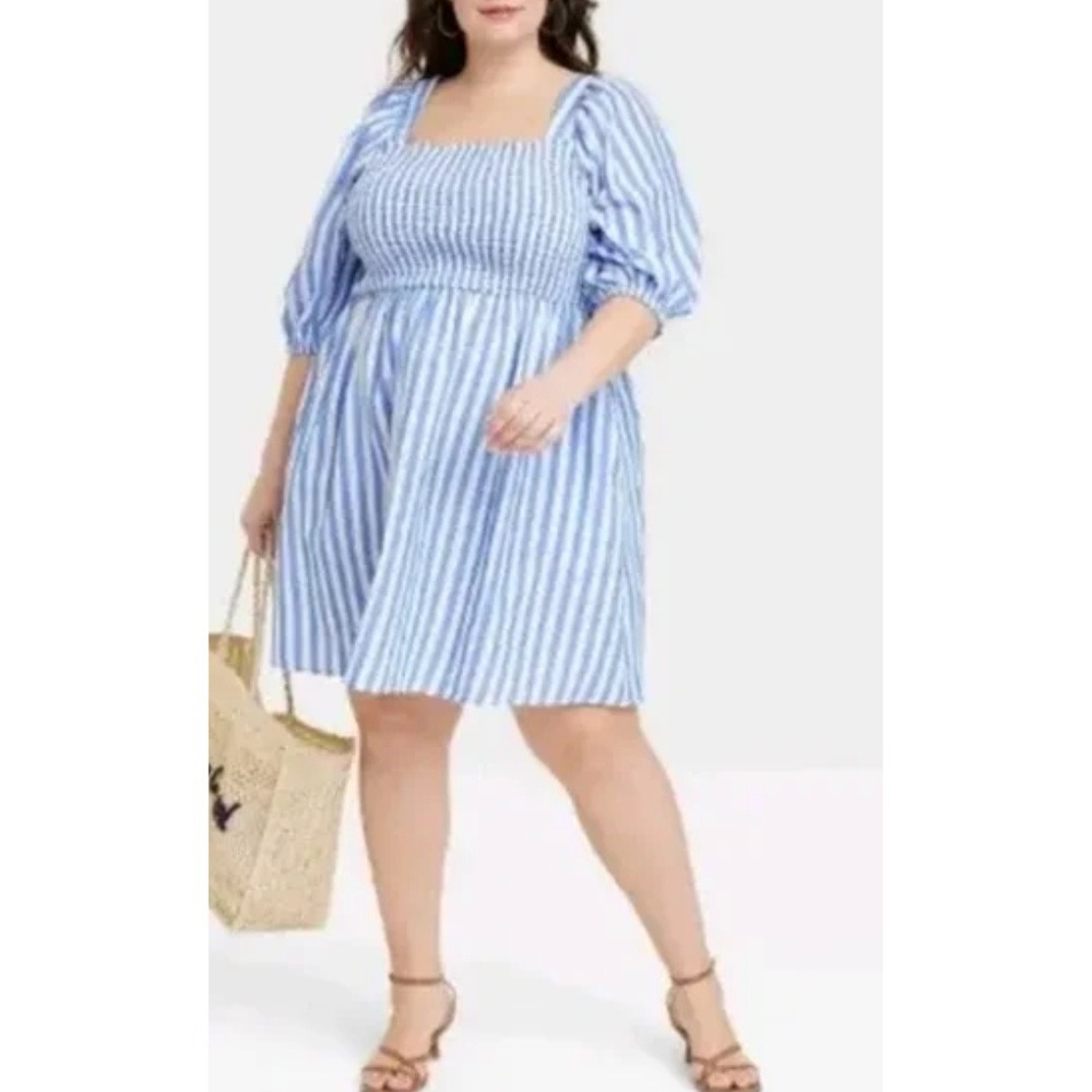 Ava & Viv Plus Women's Blue Stripe Milkmaid Mini Dress Puff Sleeves Size 1X
